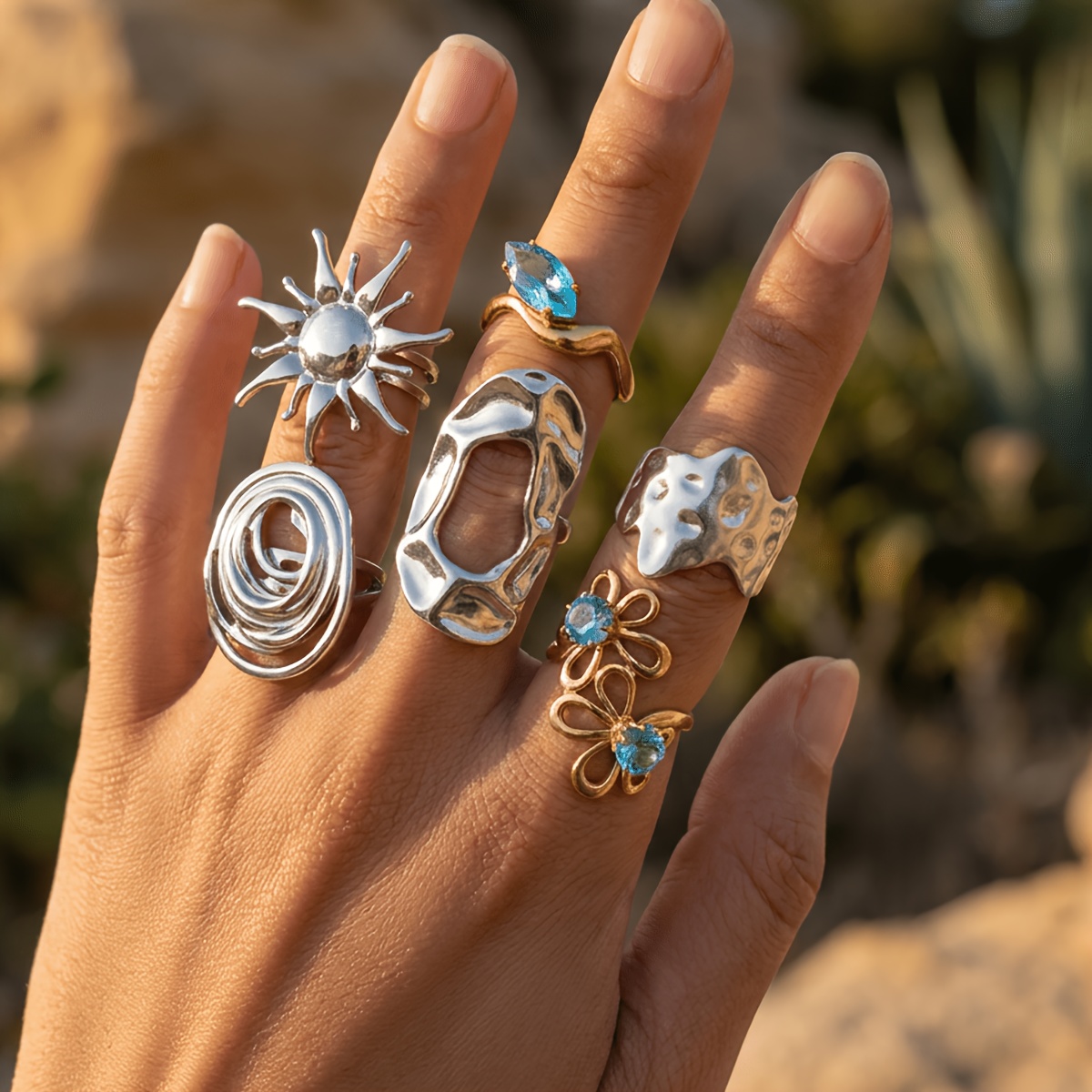 6pcs Bicolor Open Ring Set with Sunflower Design